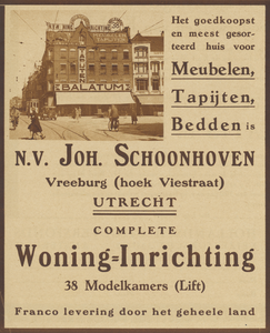 717192 Advertentie van de N.V. Joh. Schoonhoven, Woonwarenhuis, [Lange Viestraat 36, hoek Vredenburg] te Utrecht, met ...